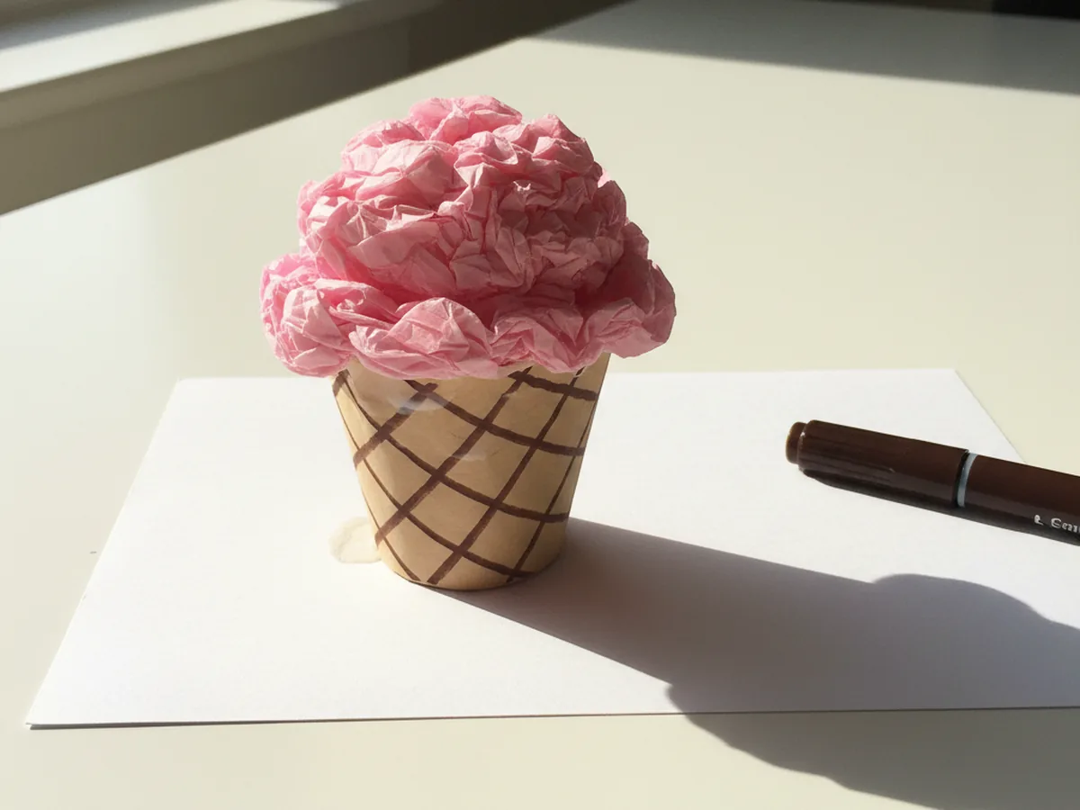 A close up of an ice cream paper craft on white cardstock showing the tan brown paper cone with diagonal criss cross dark brown marker lines drawn across it to look like a waffle cone, with the pink fluffy paper scoop glued above