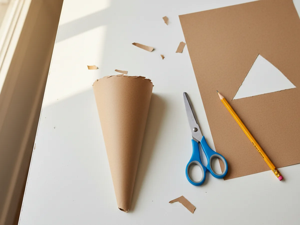 A tan brown construction paper triangle cone shape just cut out by a child, lying on a white craft table with blunt tip kid scissors, a pencil, and brown paper scraps nearby for an ice cream paper craft
