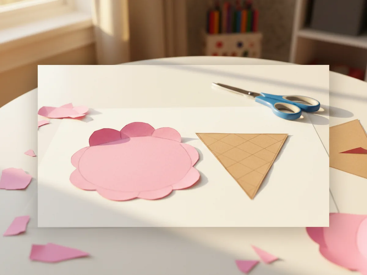 A round fluffy cloud shaped pink construction paper scoop cut out by a child, lying next to a tan brown paper cone shape on a white craft table with pink paper scraps and blunt tip kid scissors, ready to assemble an ice cream paper craft