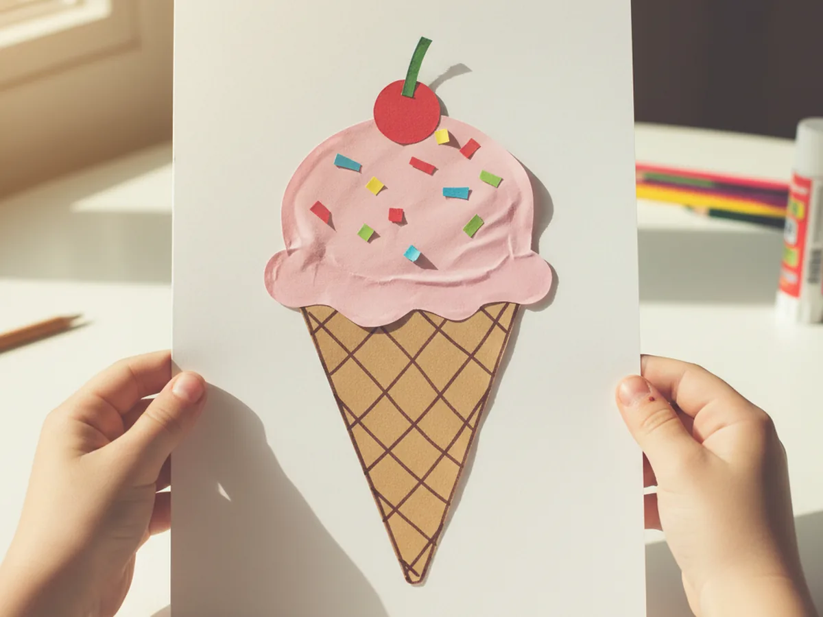 A finished handmade ice cream paper craft on white cardstock held up by small child hands, showing a tan brown paper waffle cone with criss cross marker lines, a fluffy pink paper scoop, colorful red, yellow, blue, and green paper sprinkles, and a small red paper cherry on top