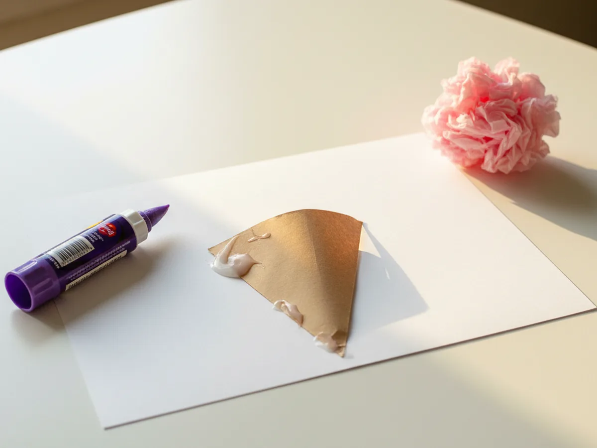A white cardstock sheet on a craft table with the tan brown paper triangle cone glued at the bottom center pointing downward, the pink fluffy paper scoop loose nearby, and an open purple glue stick beside it for an ice cream paper craft