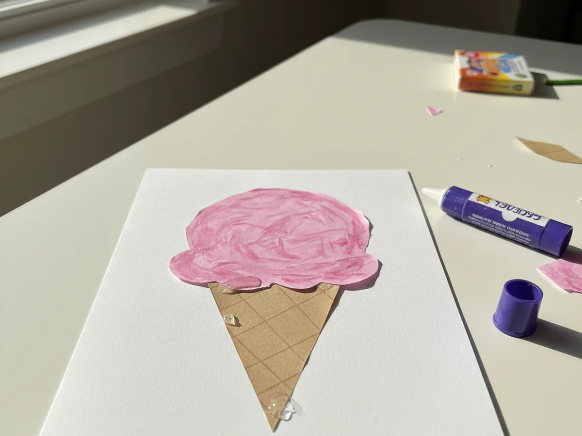 A white cardstock with a tan brown paper triangle cone glued at the bottom and a fluffy round pink construction paper scoop now glued directly above the cone where the wide top of the cone meets the rounded bottom of the scoop