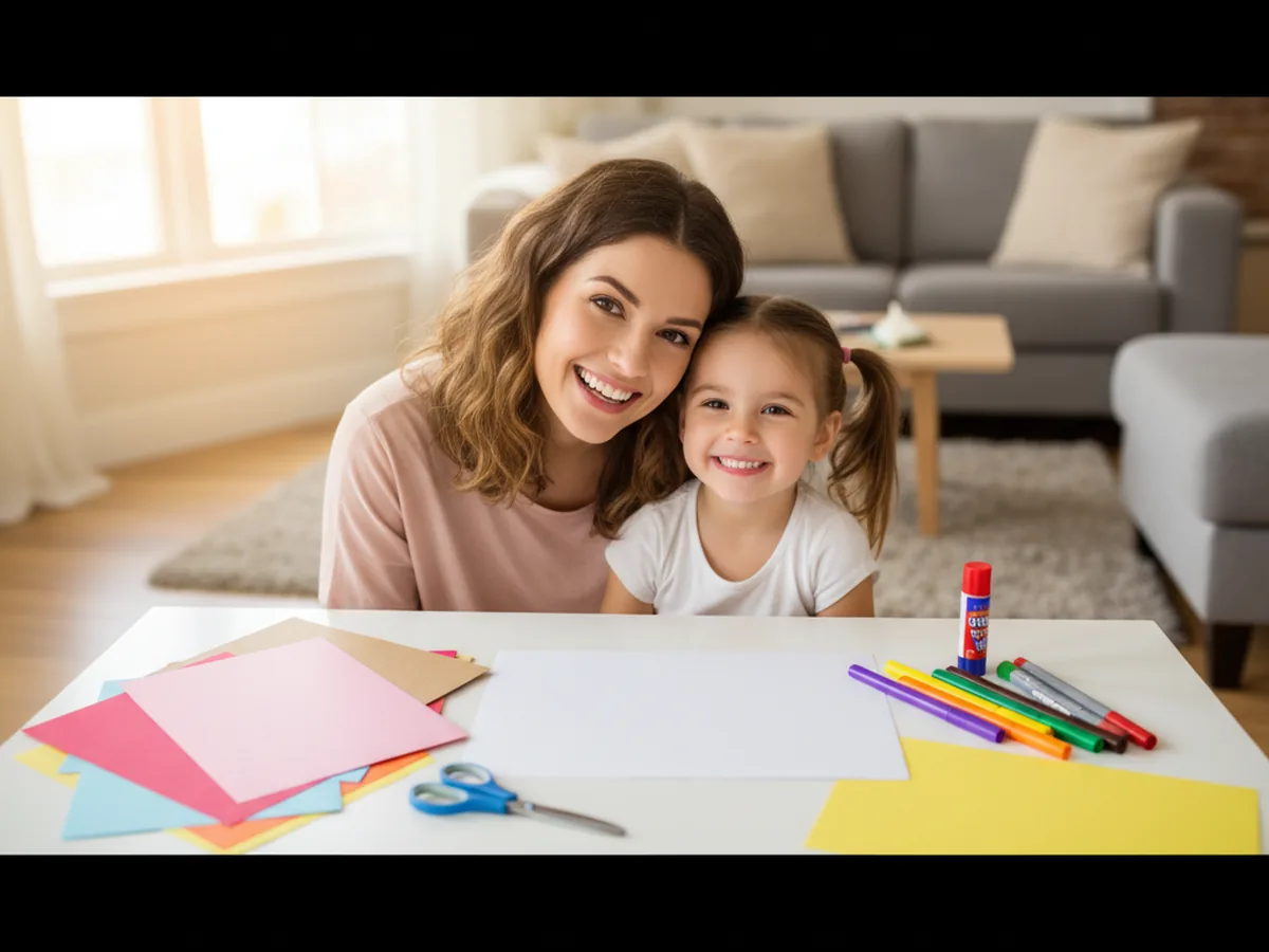 A young mom and her preschool aged daughter sitting at a white craft table with stacks of pink, brown, red, yellow, and blue construction paper, blunt tip kid scissors, a purple glue stick, and broad line markers, getting ready to start an ice cream paper craft