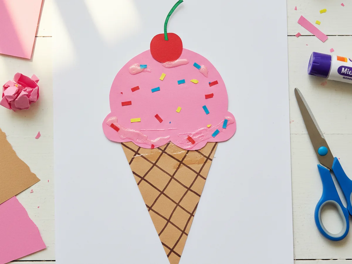 Finished ice cream paper craft on white cardstock with a tan brown waffle cone, a soft pink paper scoop, colorful red, yellow, blue, and green paper sprinkles, and a small red paper cherry on top
