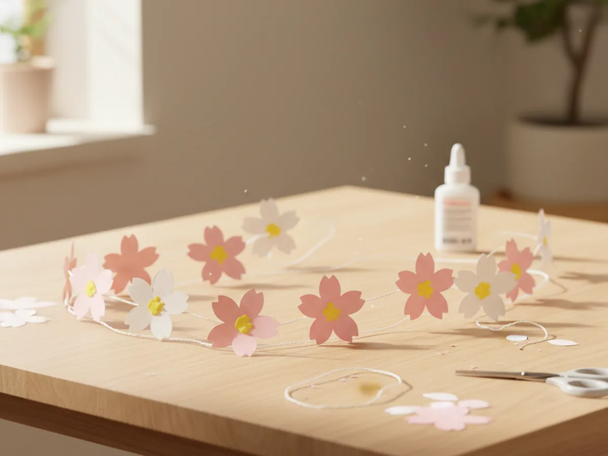 A handmade cherry blossom garland with pink and white paper sakura flowers strung on white twine