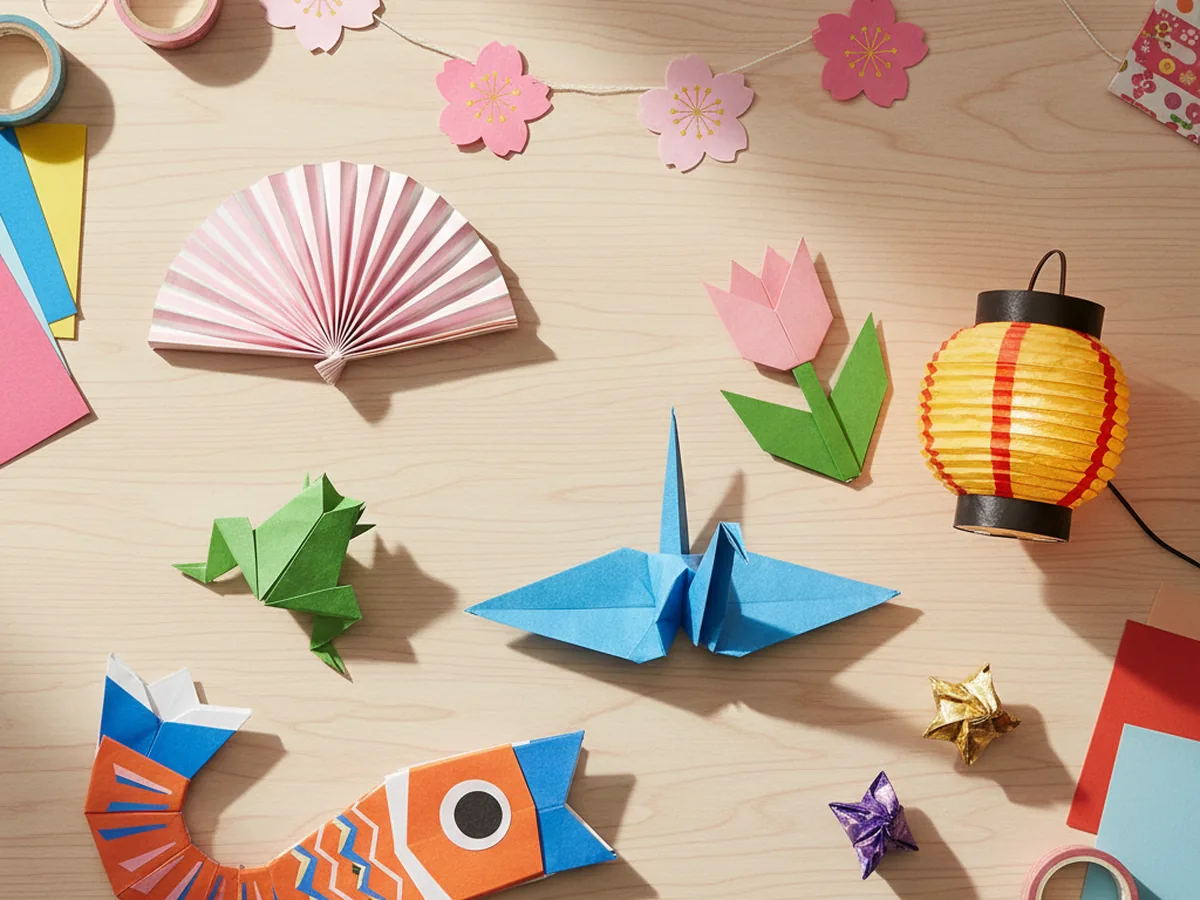 A spread of handmade Japanese paper crafts including origami crane, paper lantern, cherry blossom garland, and koinobori on a craft table