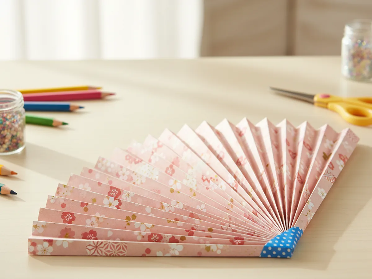 A handmade accordion-folded Japanese paper fan in pink and white patterns held open on a light wood surface
