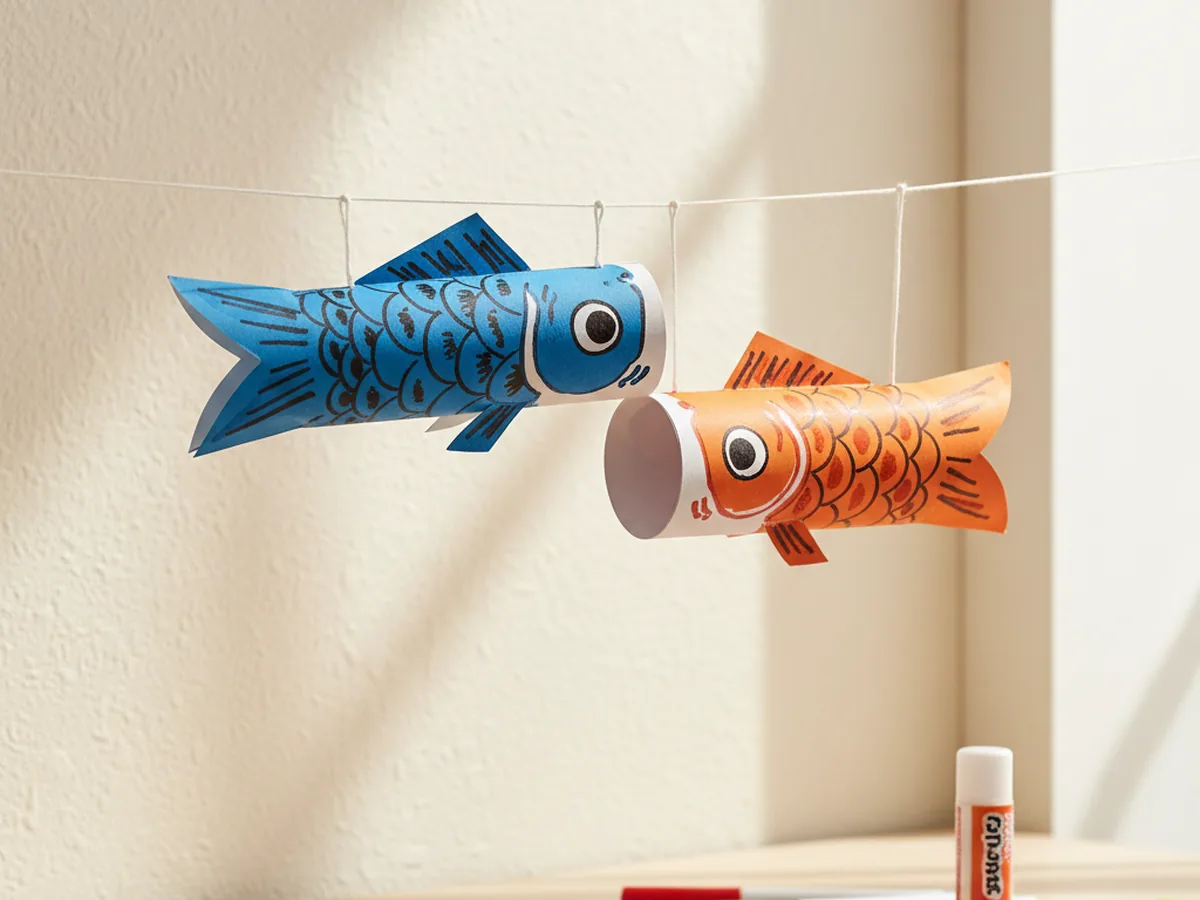A handmade koinobori carp streamer made from blue and orange paper tubes with marker scales hanging from a string