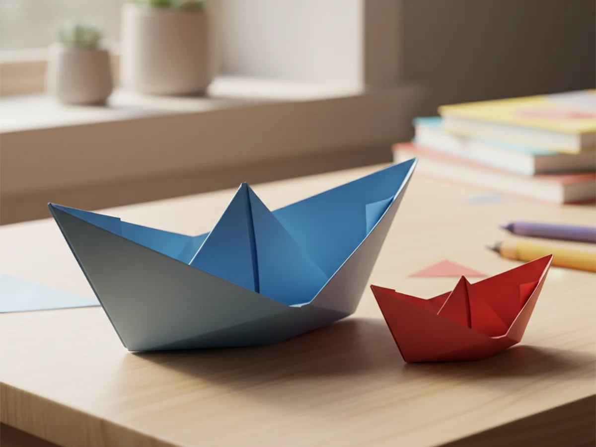 A folded blue origami paper boat sitting on a light wood table