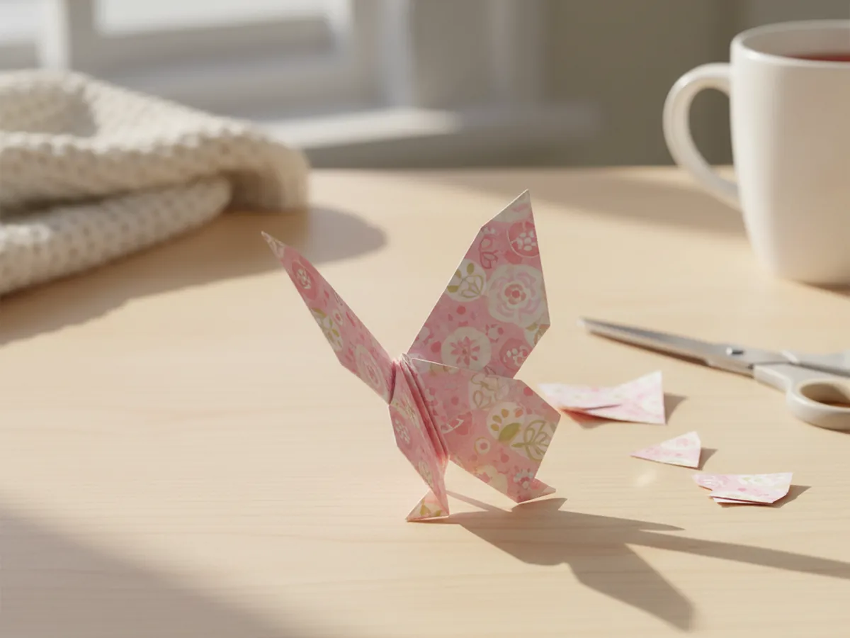 A folded origami butterfly with patterned wings resting on a light wood craft table