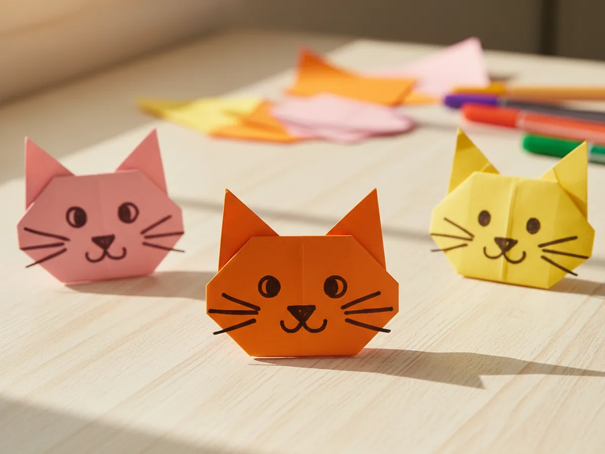 A handmade origami cat face folded from orange paper with marker-drawn whiskers and eyes