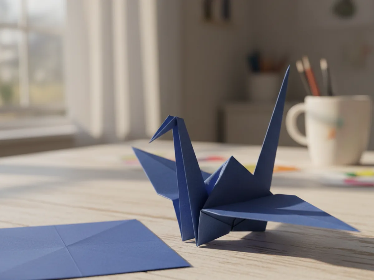 A handmade origami paper crane folded from blue origami paper sitting on a light wood table