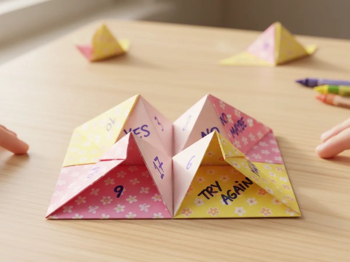 A handmade origami paper fortune teller in pink and yellow on a light wood table