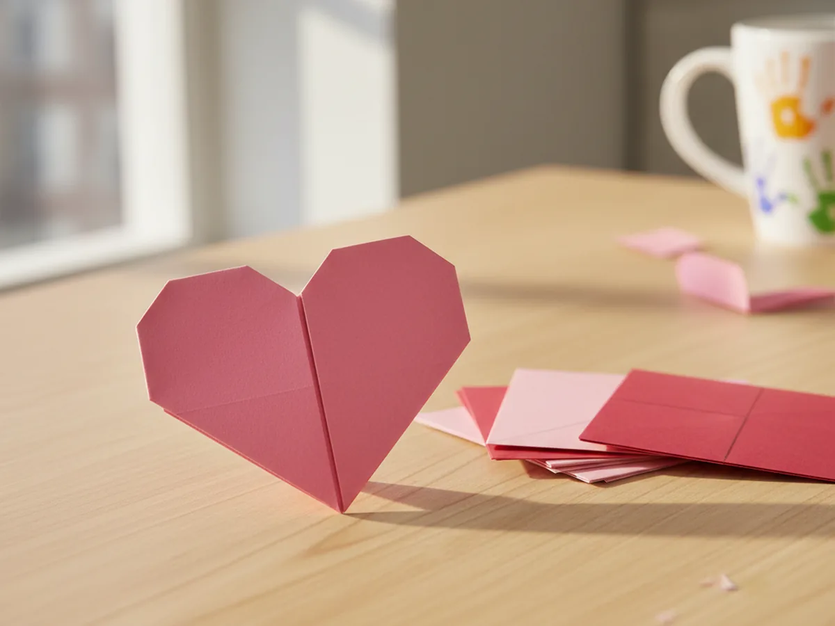 A folded pink origami paper heart resting on a light wood craft table
