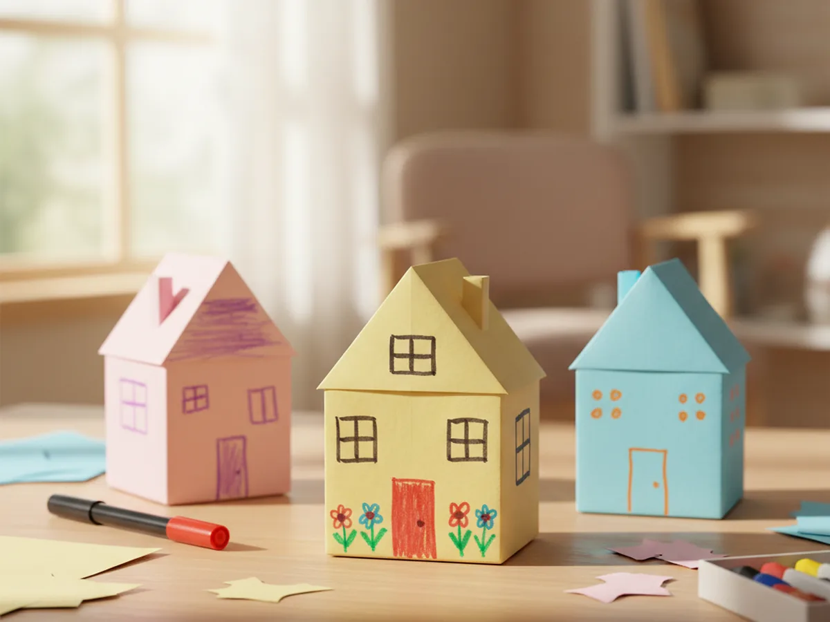 A folded origami paper house with a pointed roof and child-drawn windows on a light wood table
