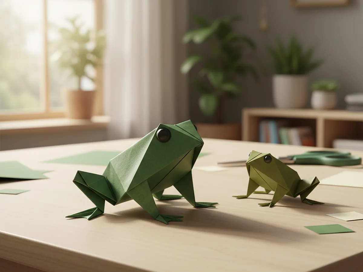 A green origami jumping frog folded from origami paper sitting on a wooden surface ready to hop