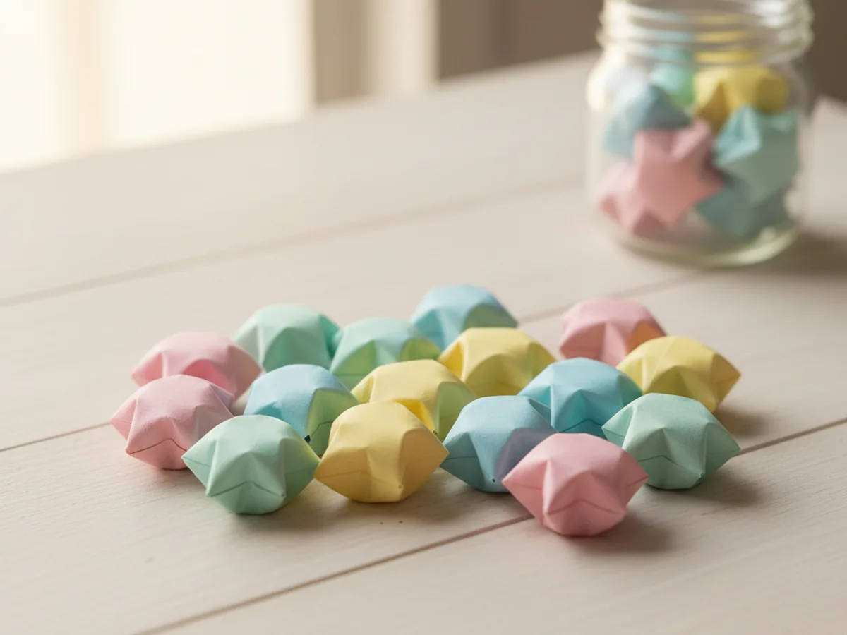 A pile of small puffy origami lucky stars in pastel colors gathered on a light wood surface