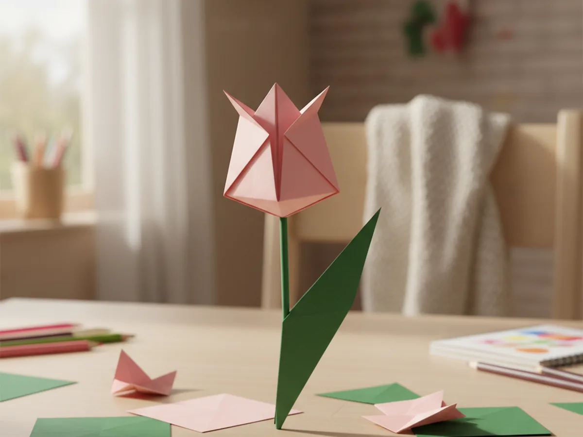 A handmade origami tulip with a pink bloom and green stem standing on a craft table