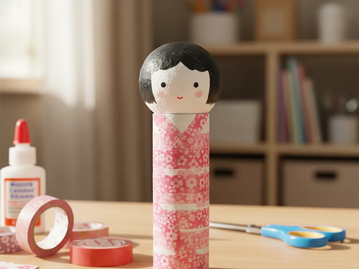A handmade paper kokeshi doll with a round head, cylindrical body, washi tape kimono, and a small painted face