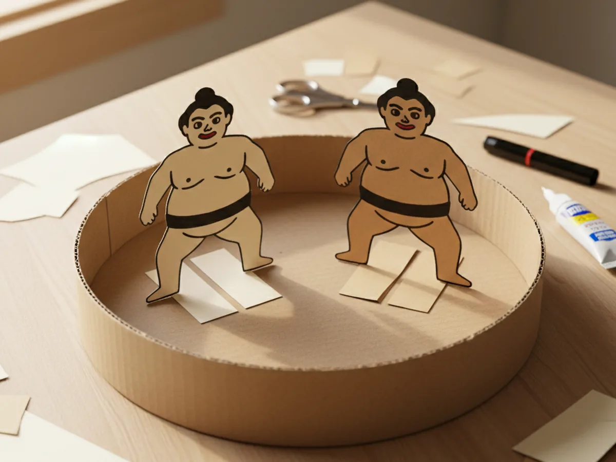 Two handmade paper sumo wrestler figures standing upright inside a shallow cardboard arena
