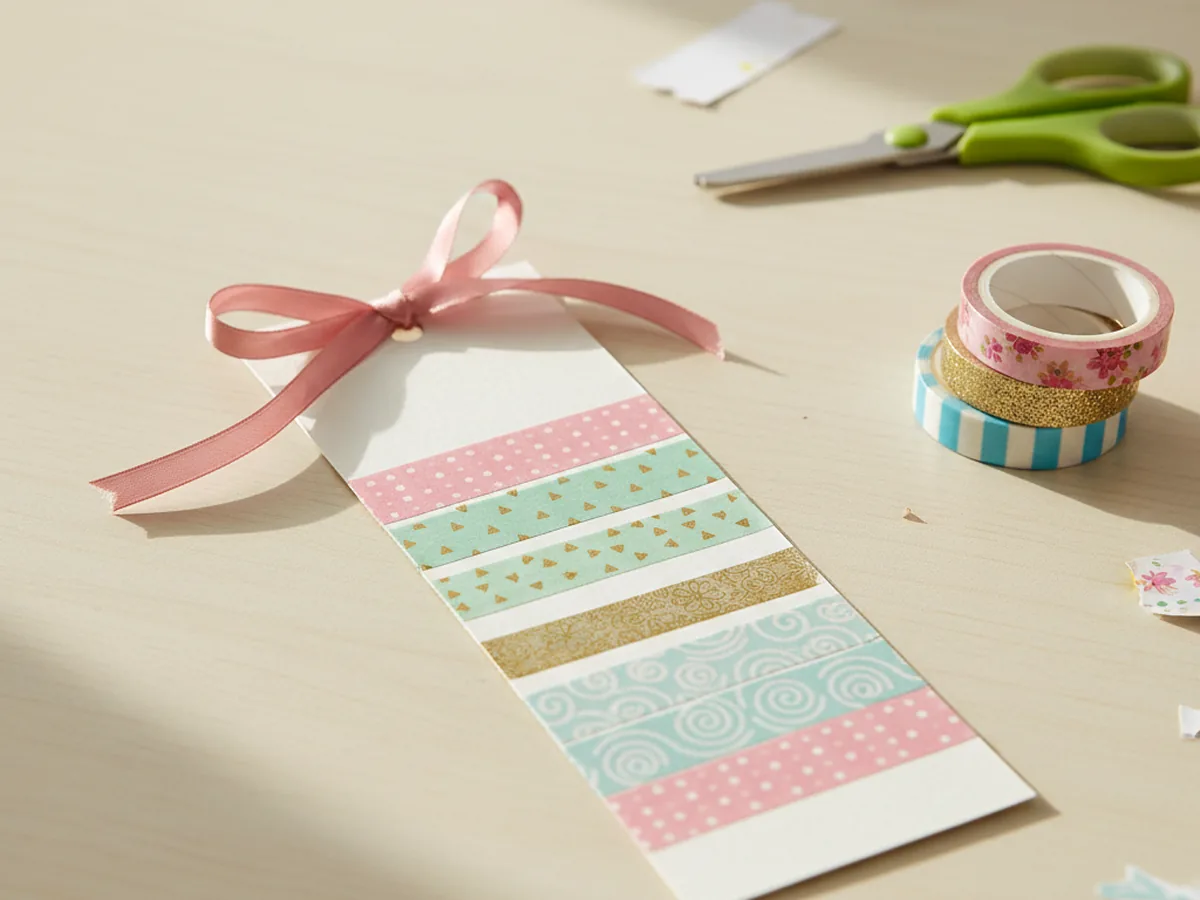 A handmade cardstock bookmark decorated with colorful washi tape stripes and a ribbon at the top
