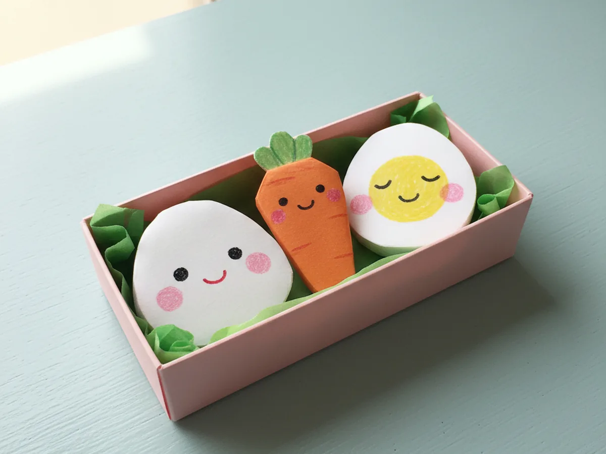 Handmade kawaii paper bento box filled with smiling rice ball, carrot, and egg paper food shapes