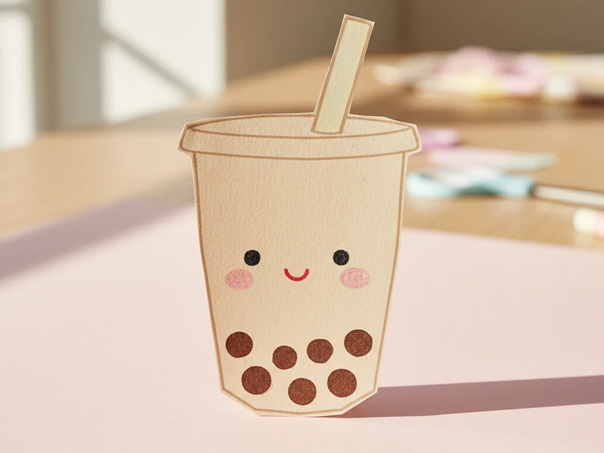 Handmade kawaii beige paper boba tea cup with brown tapioca pearls, a paper straw, and a smiling face