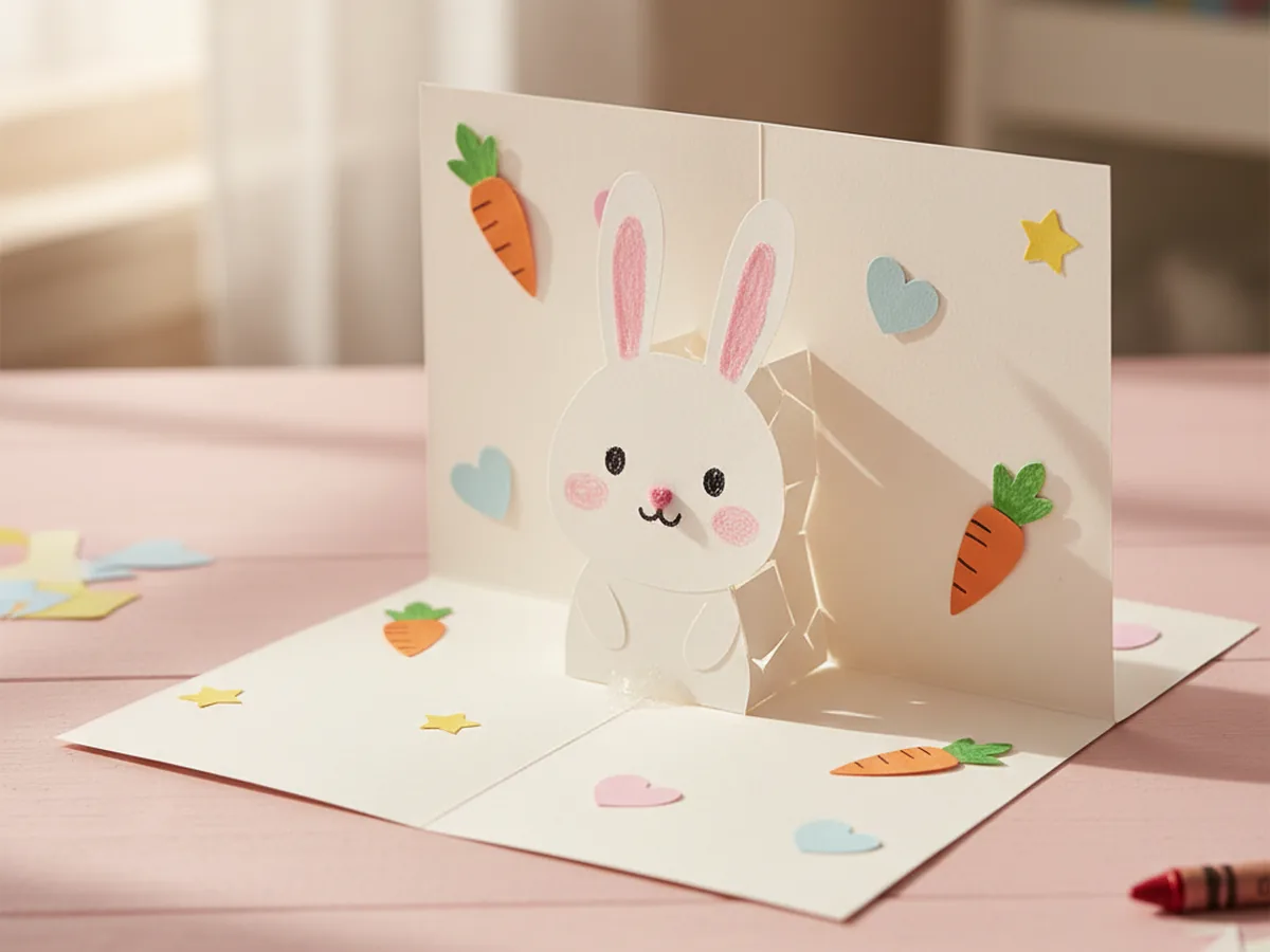 Handmade kawaii white paper pop-up card with a smiling bunny, small carrots, hearts, and stars inside