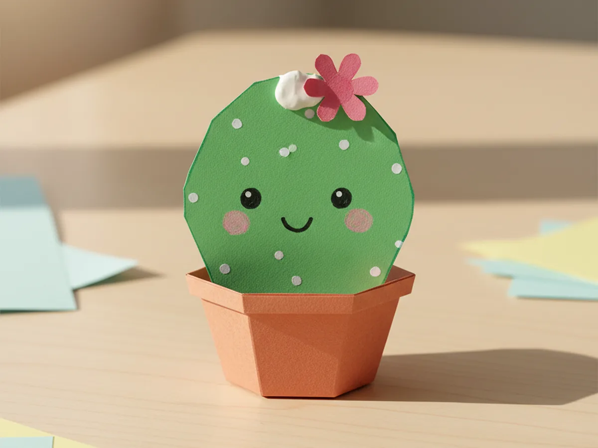 Handmade kawaii green paper cactus with a happy face in a terracotta paper pot and a pink flower on top
