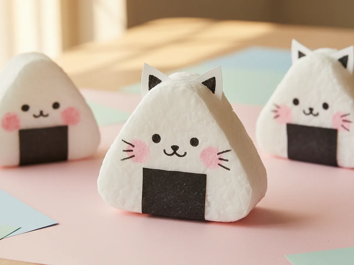 Handmade kawaii paper triangle rice ball with cat ears, sleepy eyes, whiskers, and a black seaweed strip