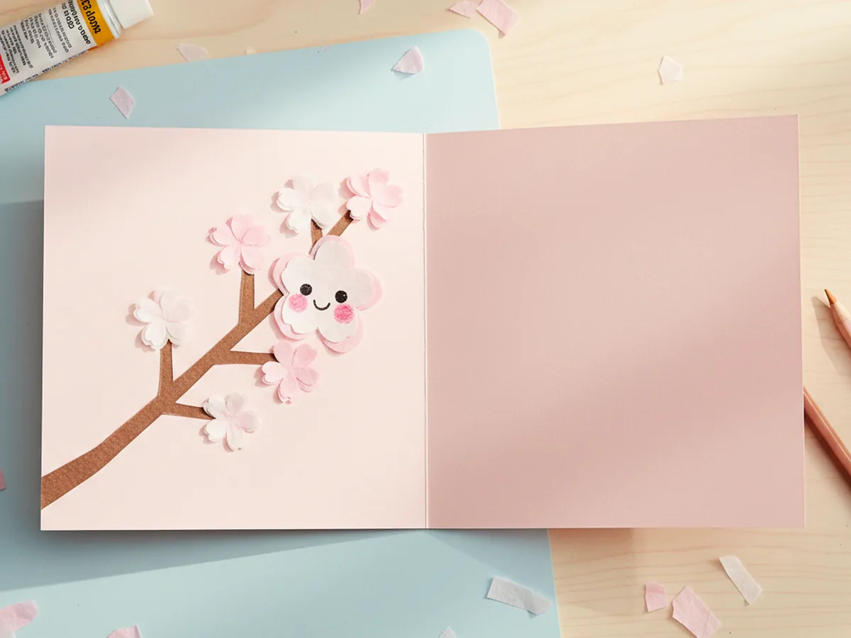 Handmade kawaii pink paper card with brown paper branch, small cherry blossom flowers, and one smiling blossom