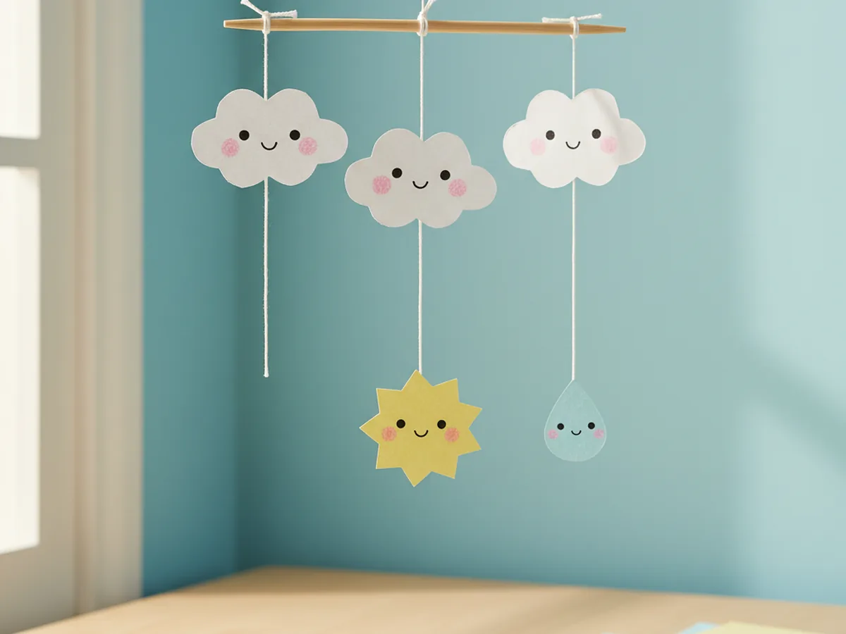 Handmade kawaii paper cloud mobile with smiling clouds, a happy sun, and a friendly raindrop hanging from a chopstick