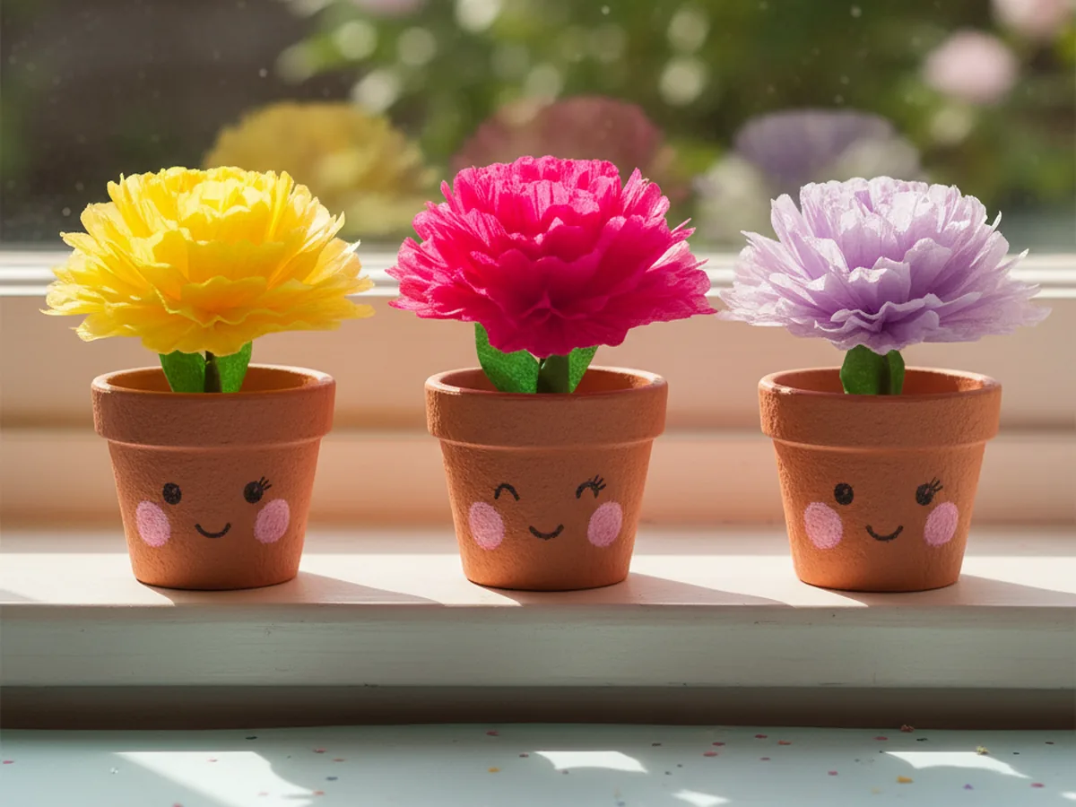 Handmade kawaii paper terracotta pots with smiling faces and colorful tissue paper flowers on a windowsill