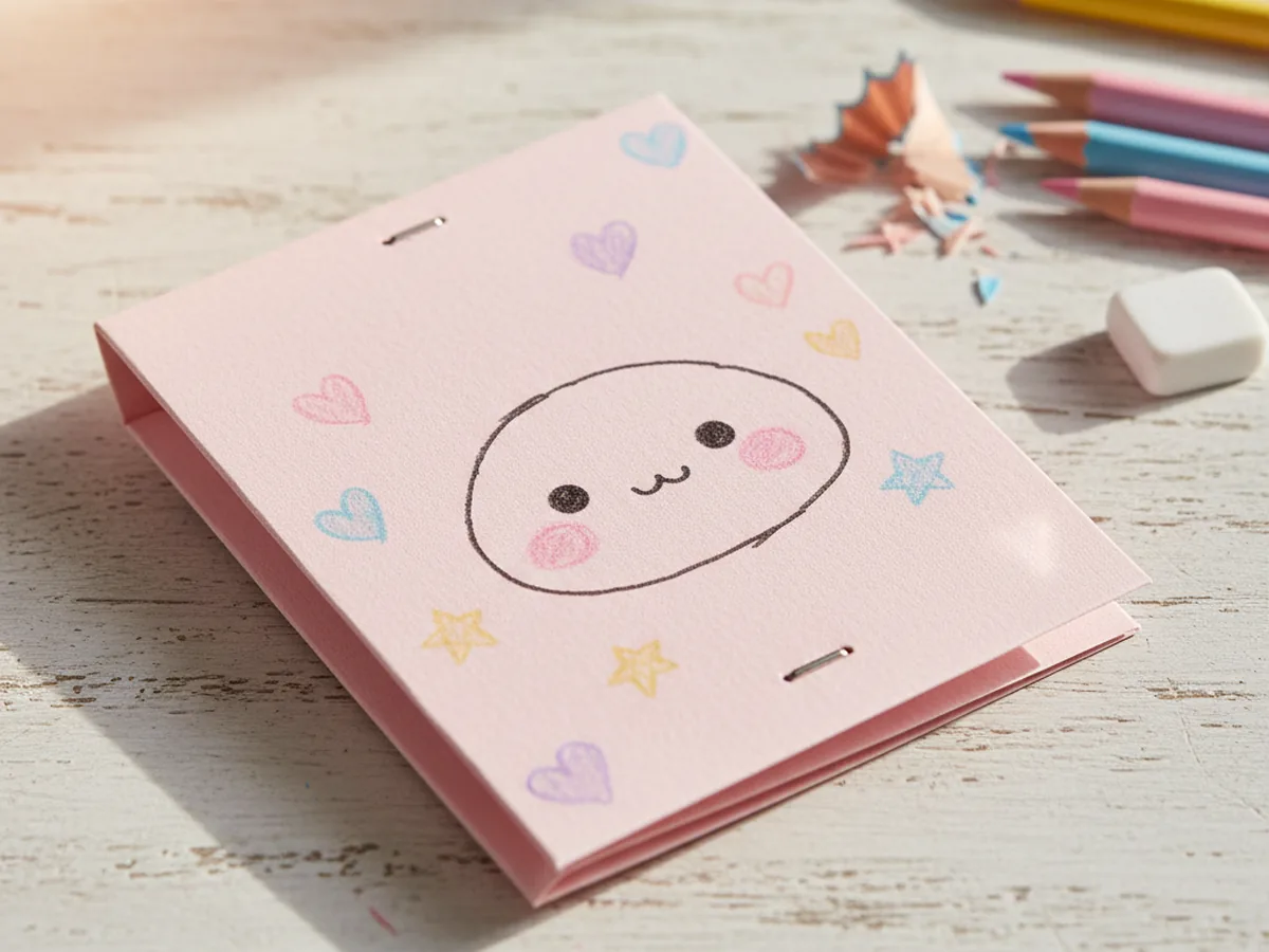 Handmade kawaii mini paper notebook with a smiling character, hearts, and stars on the pastel cover
