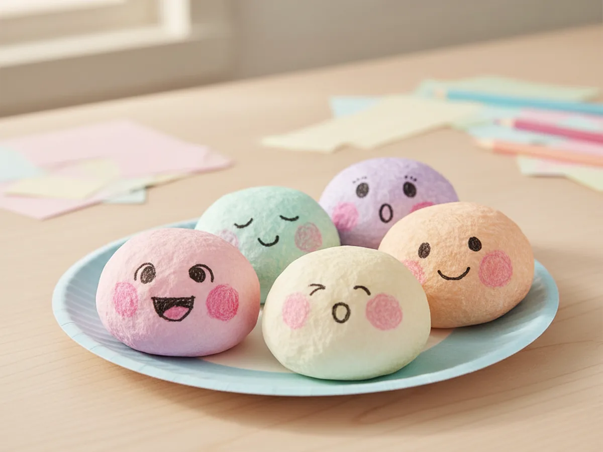 Handmade kawaii pastel paper mochi family in pink, mint, lilac, and cream with different sweet smiling faces