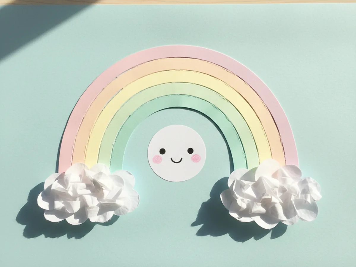 Handmade kawaii pastel paper rainbow with a smiling face in the middle and fluffy white clouds at each end