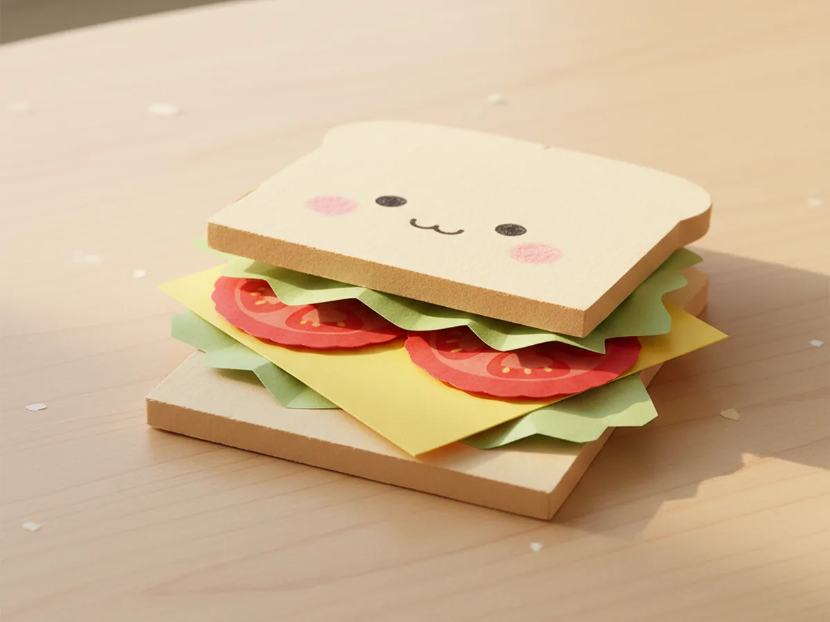 Handmade kawaii paper sandwich with stacked bread, lettuce, cheese, and tomato layers and a smiling face