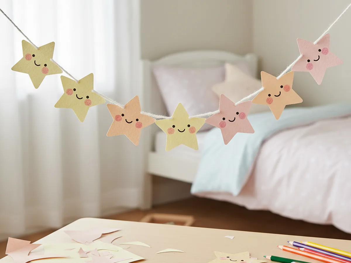 Handmade kawaii yellow, peach, and pink paper star garland with smiling faces strung above a bed