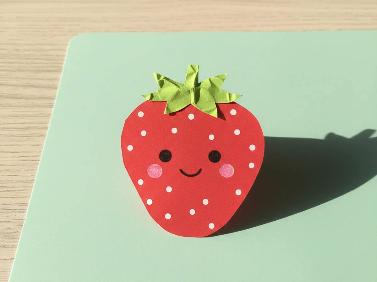 Handmade kawaii red paper strawberry card with white seed dots, green leafy top, and a happy smiling face