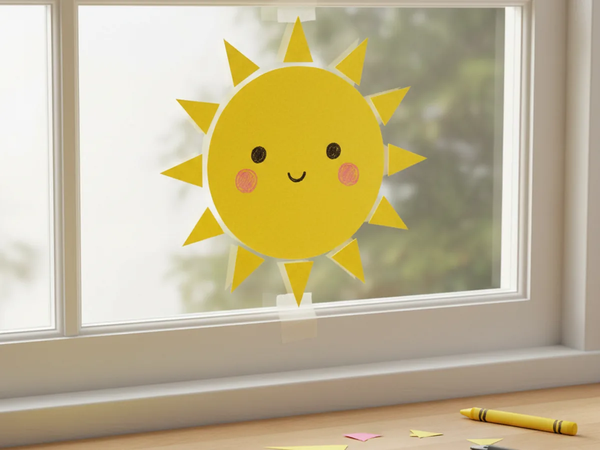 Handmade kawaii yellow paper sun with triangle rays and a smiling face with pink cheeks taped on a window