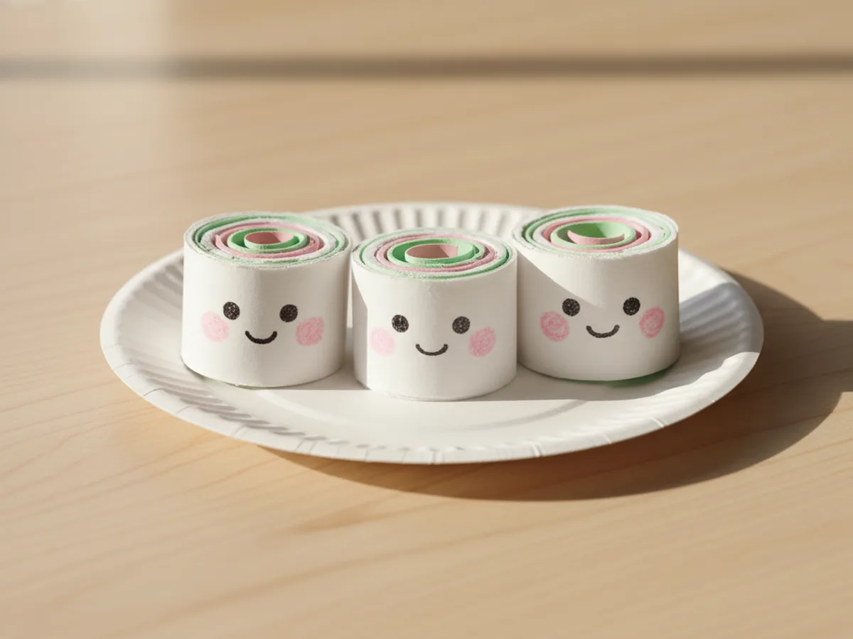 Handmade kawaii paper sushi rolls with white rice, pink and green fillings, and tiny smiling faces on a paper plate