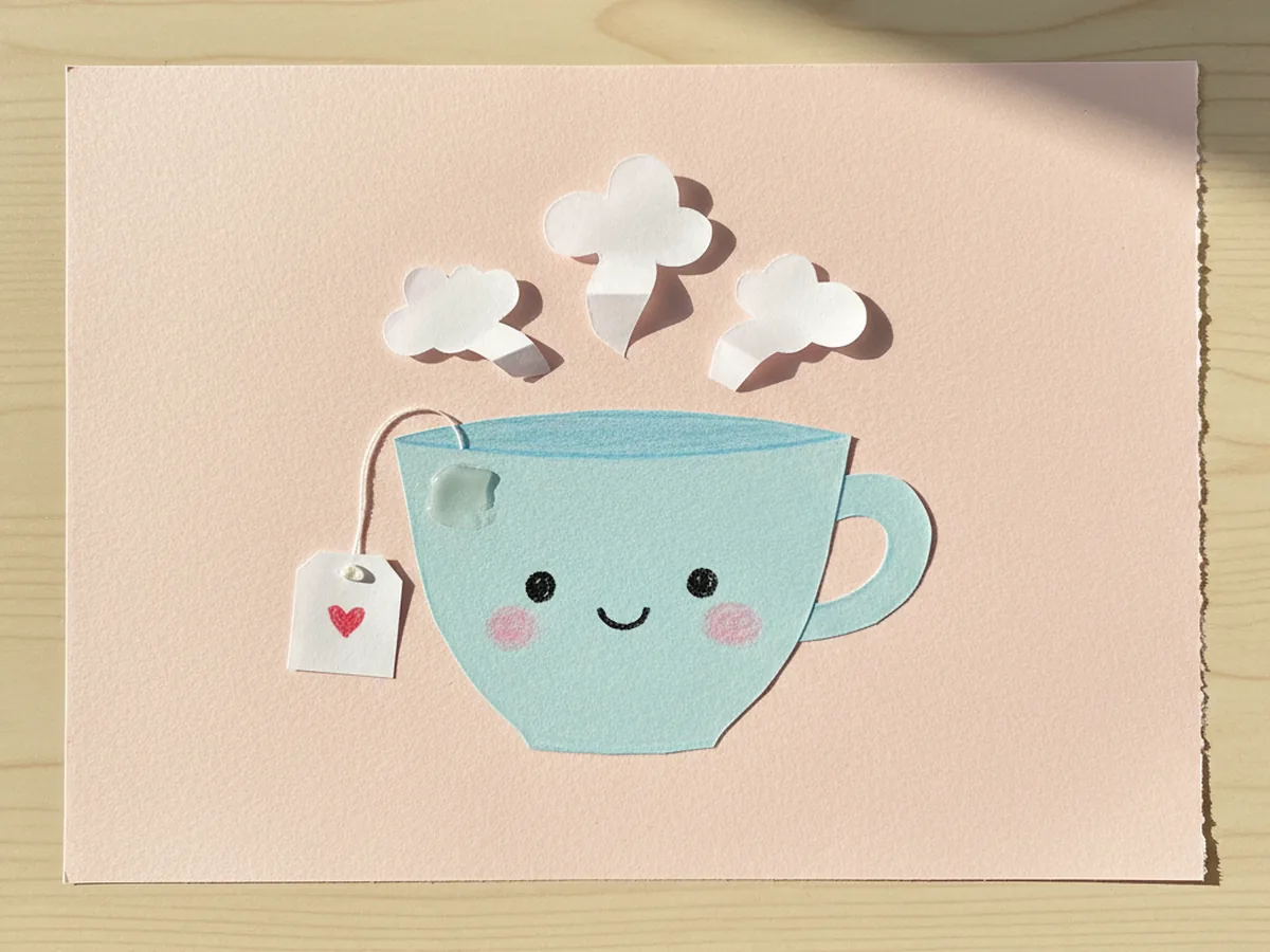 Handmade kawaii light blue paper tea cup with a smiling face, paper tea bag tag, and small steam wisps
