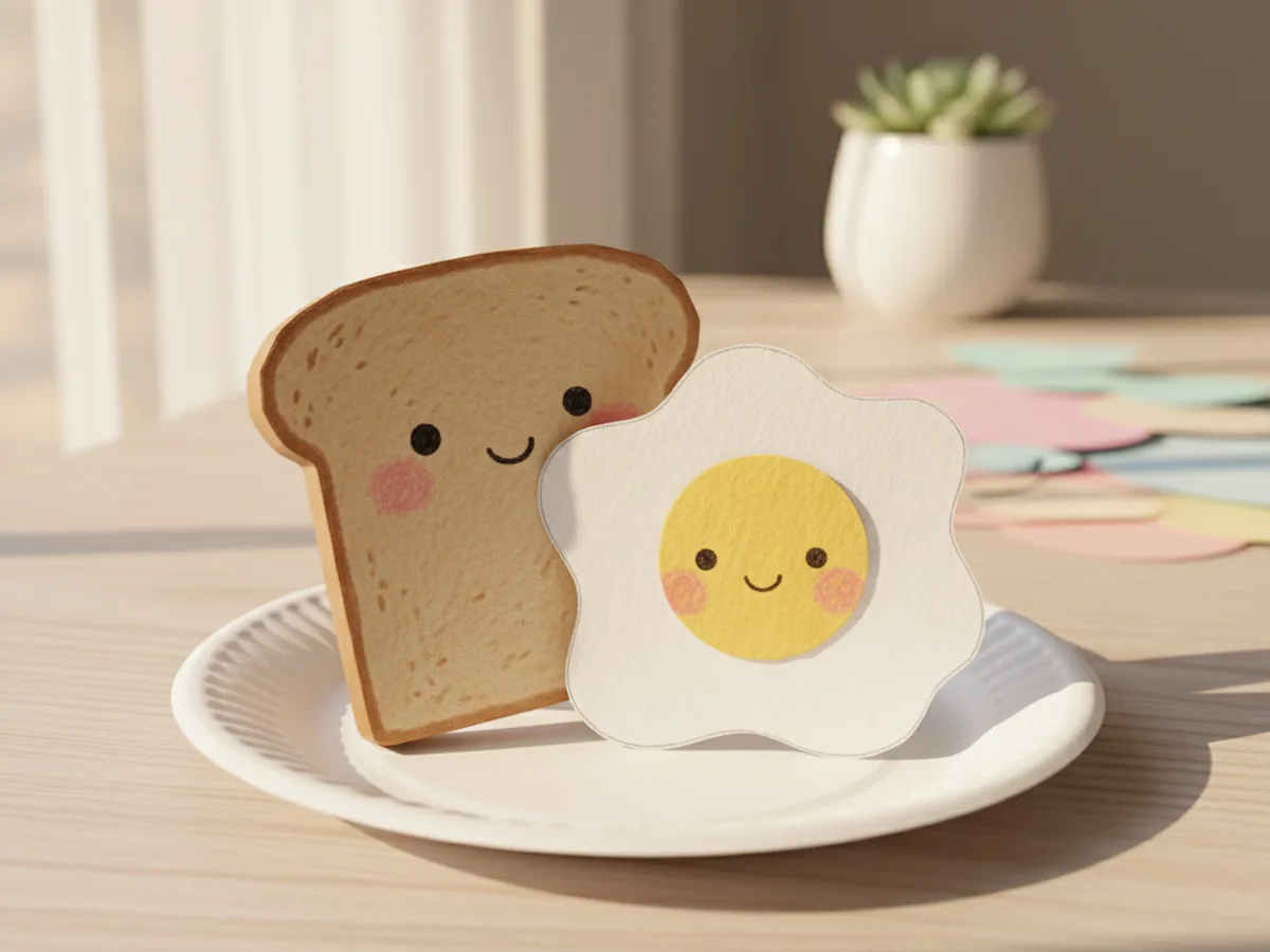 Handmade kawaii paper toast and fried egg with sleepy smiling faces leaning together on a small paper plate