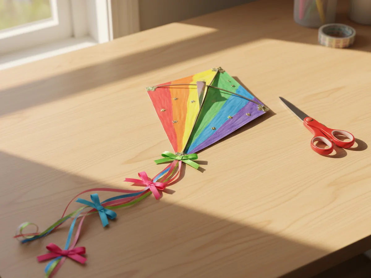 Three small colorful ribbon bows tied at even intervals along the long rainbow tail of a finished kite craft paper diamond kite on a wooden table