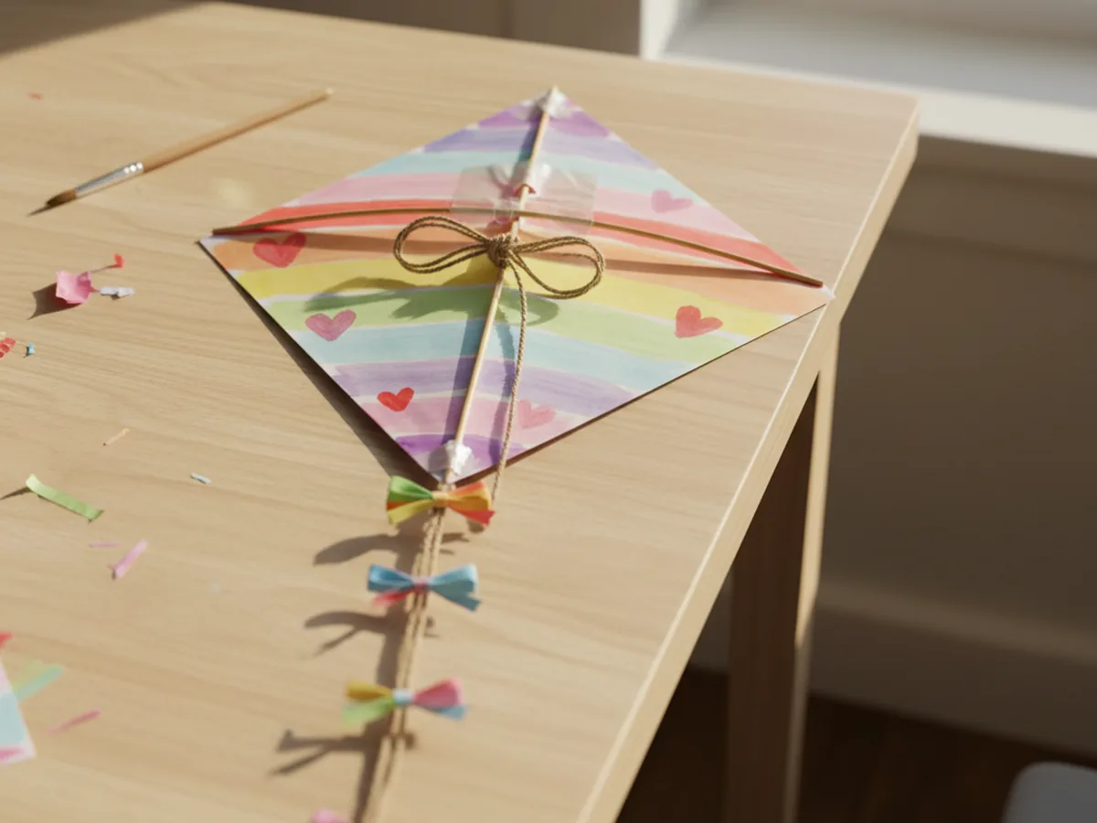 A length of natural jute twine tied through a punched hole on the front of a paper diamond kite reinforced with clear tape for the kite craft paper line
