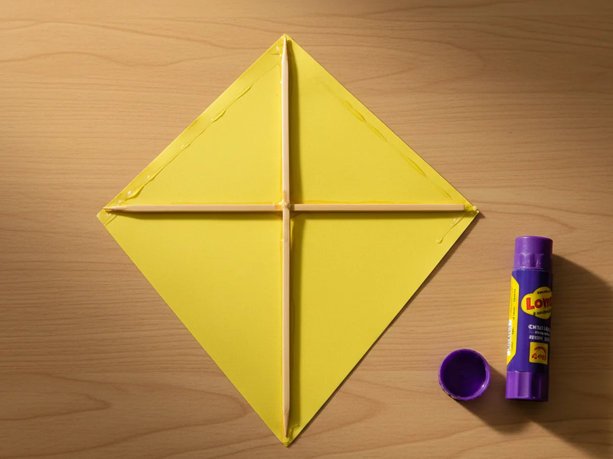 The back side of a colorful paper diamond kite with a bamboo skewer cross glued flat along the long and short axes for the kite craft paper structure