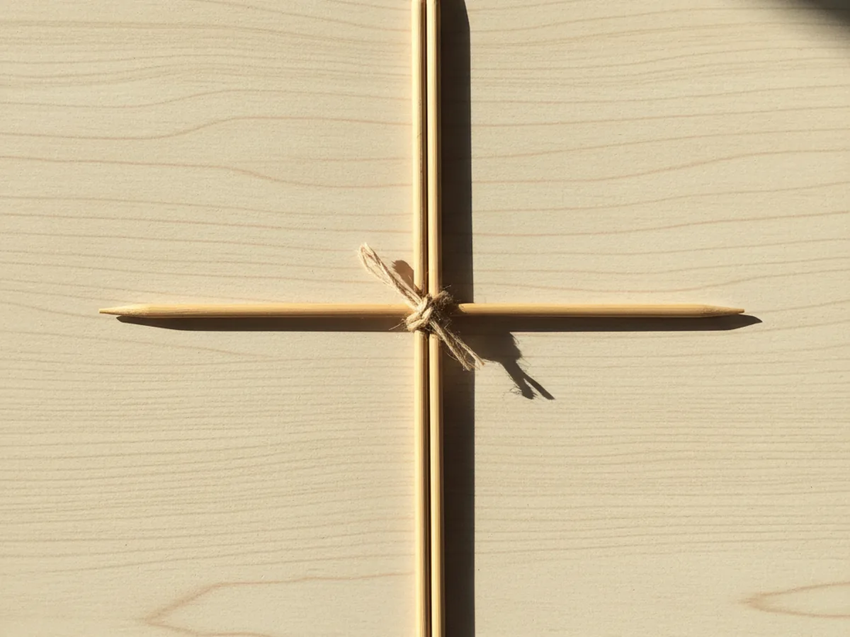 Two bamboo skewers laid in a cross shape with the joint near the top third, tied together with a small piece of string for the kite craft paper frame on a craft table