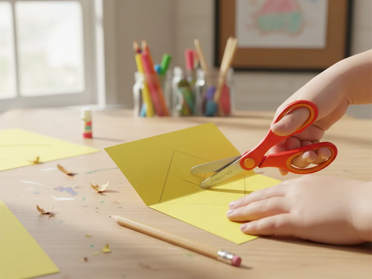 A folded sheet of yellow cardstock with a pencil line drawn along the fold being cut into half a diamond shape with red kids safety scissors for a kite craft paper project