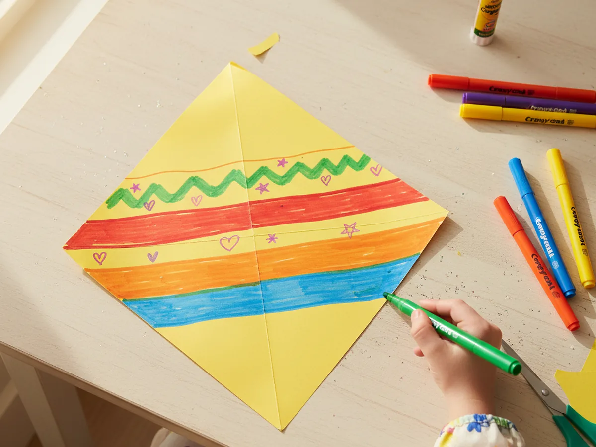 A child decorating a yellow paper diamond kite shape with rainbow stripes and stars using broad line markers on a wooden craft table for the kite craft paper project