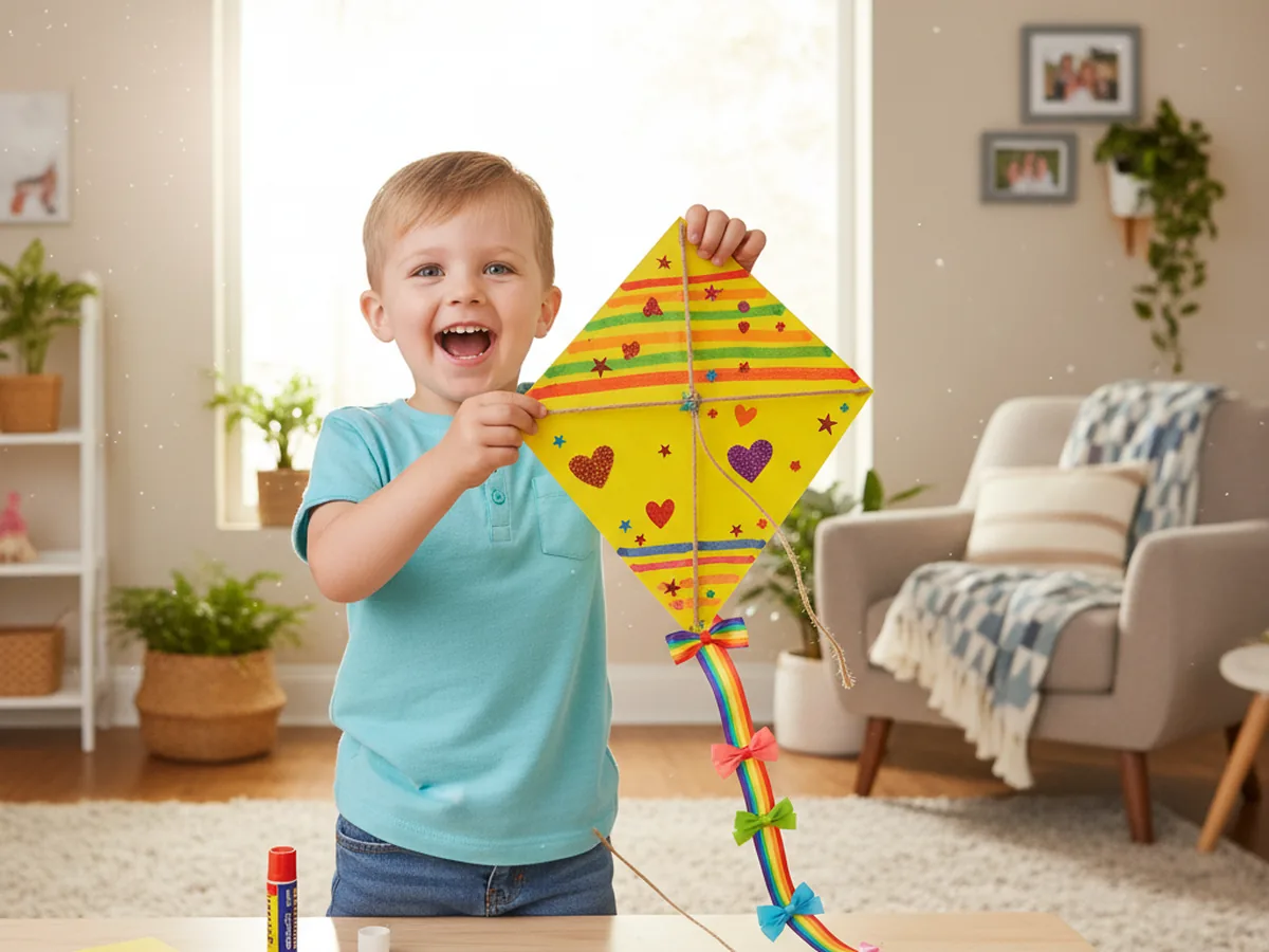 A cheerful young child holding up a finished handmade kite craft paper project with a colorful diamond face, ribbon tail with bows, and a jute twine kite line